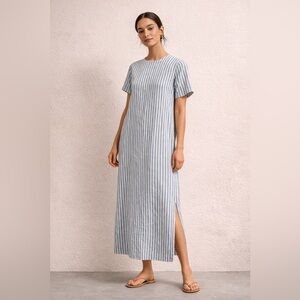 Jenni Kayne Linen Lyocell Blue Stripe Midi Dress Coastal Minimalist Size L